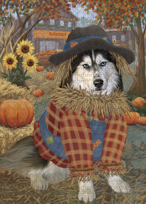Fall Pumpkin Scarecrow Siberian Husky Dogs Puzzle with Photo Tin PUZL99040