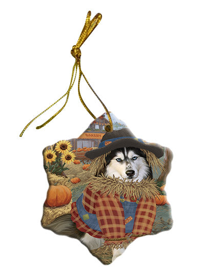 Fall Pumpkin Scarecrow Siberian Husky Dogs Star Porcelain Ornament SPOR57768