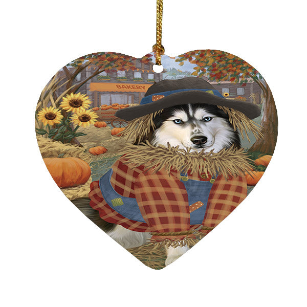 Fall Pumpkin Scarecrow Siberian Husky Dogs Heart Christmas Ornament HPOR57768