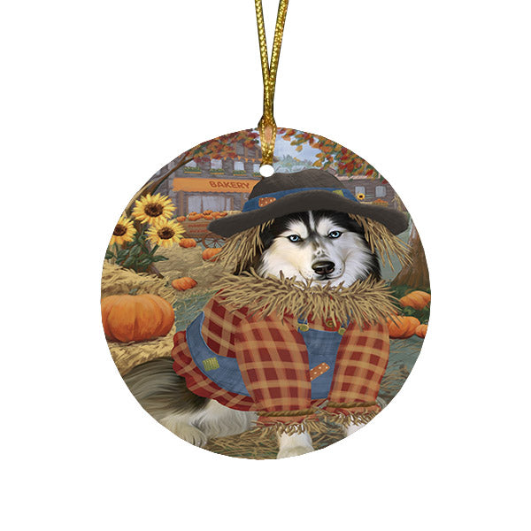 Halloween 'Round Town And Fall Pumpkin Scarecrow Both Siberian Husky Dog Round Flat Christmas Ornament RFPOR57672