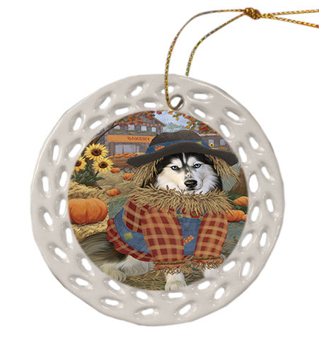 Fall Pumpkin Scarecrow Siberian Husky Dogs Ceramic Doily Ornament DPOR57768
