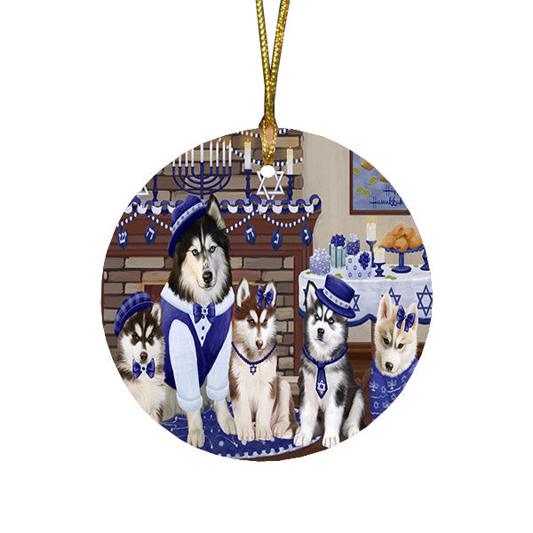 Happy Hanukkah Family and Happy Hanukkah Both Siberian Husky Dogs Round Flat Christmas Ornament RFPOR57641