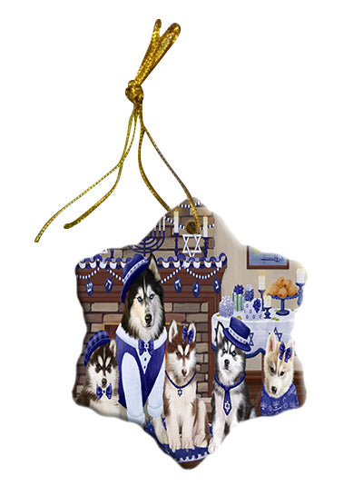 Happy Hanukkah Family Siberian Husky Dogs Star Porcelain Ornament SPOR57737