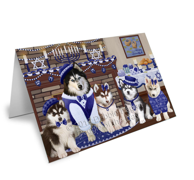 Happy Hanukkah Family Siberian Husky Dogs Handmade Artwork Assorted Pets Greeting Cards and Note Cards with Envelopes for All Occasions and Holiday Seasons GCD78557
