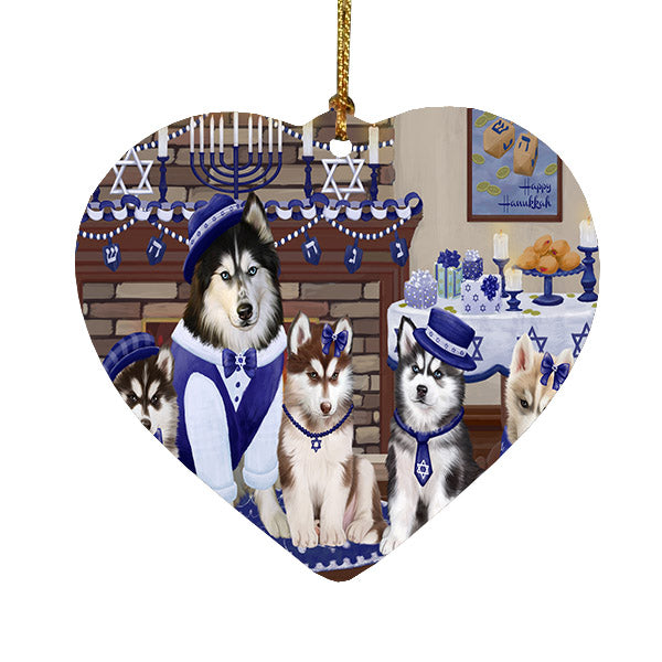 Happy Hanukkah Family Siberian Husky Dogs Heart Christmas Ornament HPOR57737