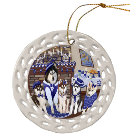 Happy Hanukkah Family Siberian Husky Dogs Doily Ornament DPOR57921