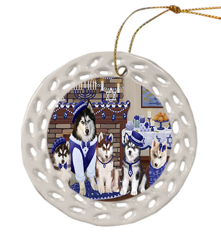 Happy Hanukkah Family Siberian Husky Dogs Ceramic Doily Ornament DPOR57737