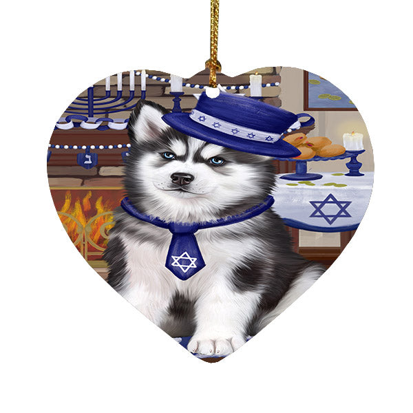 Happy Hanukkah Siberian Husky Dog Heart Christmas Ornament HPOR57798