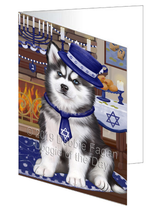 Happy Hanukkah Siberian Husky Dog Handmade Artwork Assorted Pets Greeting Cards and Note Cards with Envelopes for All Occasions and Holiday Seasons GCD78740