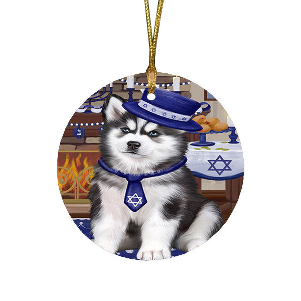 Happy Hanukkah Family and Happy Hanukkah Both Siberian Husky Dog Round Flat Christmas Ornament RFPOR57702