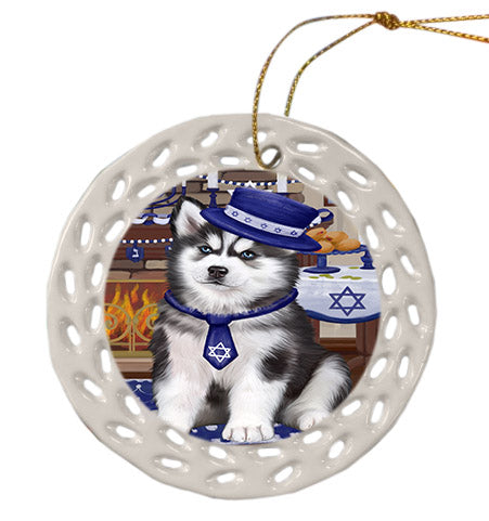 Happy Hanukkah Siberian Husky Dog Ceramic Doily Ornament DPOR57798