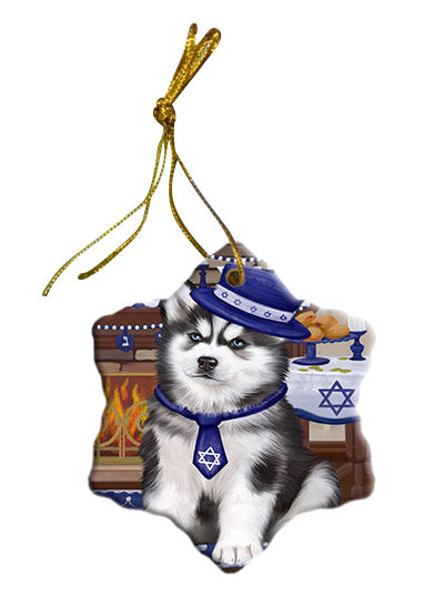 Happy Hanukkah Siberian Husky Dog Star Porcelain Ornament SPOR57798