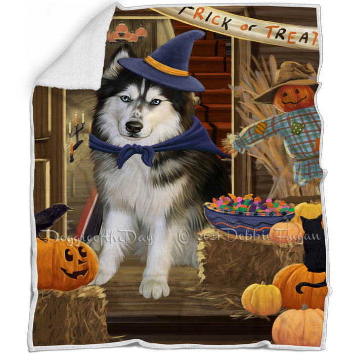 Enter at Own Risk Trick or Treat Halloween Siberian Husky Dog Blanket BLNKT97032