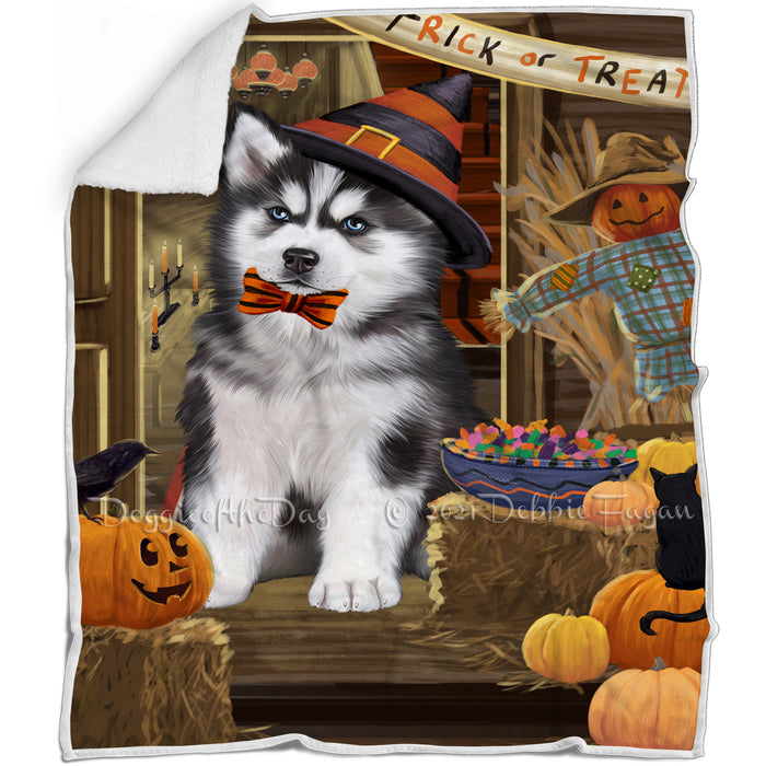 Enter at Own Risk Trick or Treat Halloween Siberian Husky Dog Blanket BLNKT97068