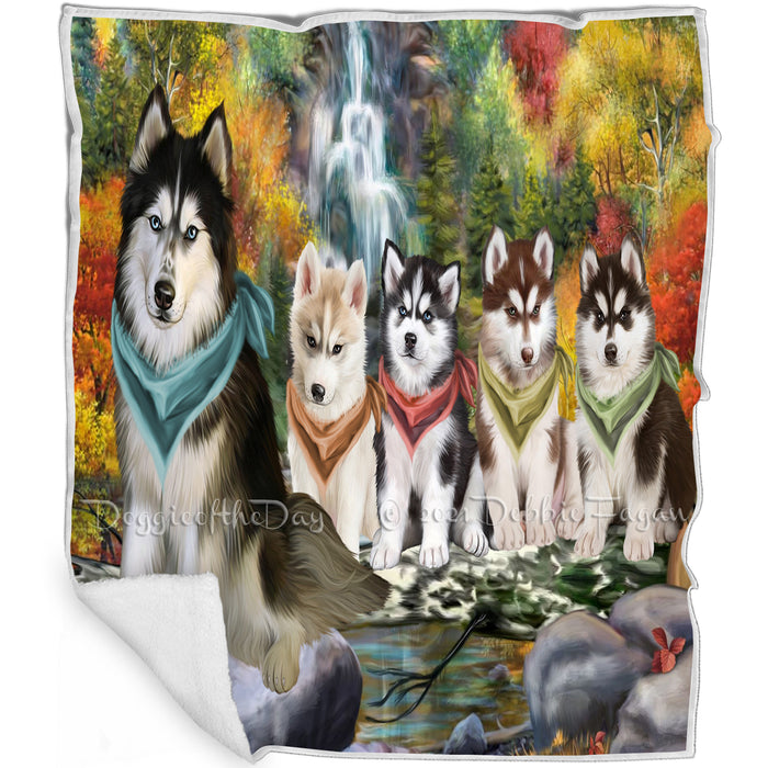 Scenic Waterfall Siberian Huskies Dog Blanket BLNKT61266