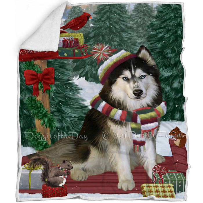 Merry Christmas Woodland Sled Siberian Husky Dog Blanket BLNKT114816