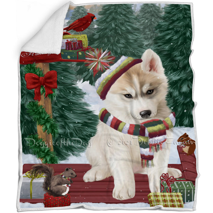 Merry Christmas Woodland Sled Siberian Husky Dog Blanket BLNKT114825