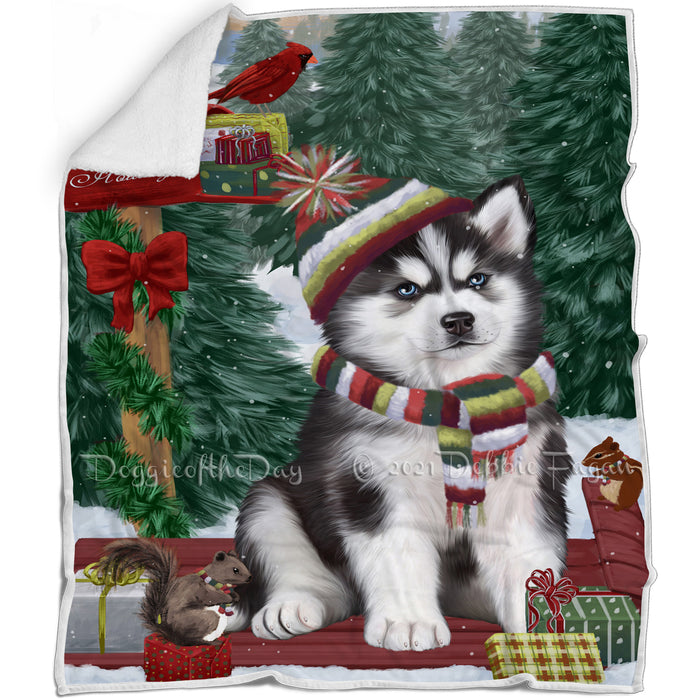 Merry Christmas Woodland Sled Siberian Husky Dog Blanket BLNKT114834