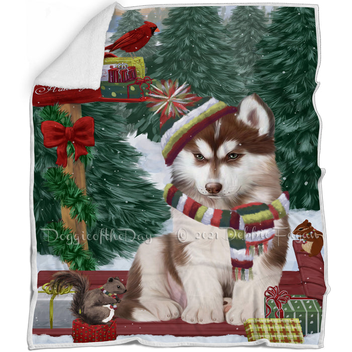 Merry Christmas Woodland Sled Siberian Husky Dog Blanket BLNKT114843