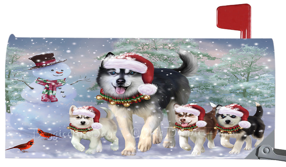 Christmas Running Family Siberian Husky Dogs Magnetic Mailbox Cover Both Sides Pet Theme Printed Decorative Letter Box Wrap Case Postbox Thick Magnetic Vinyl Material