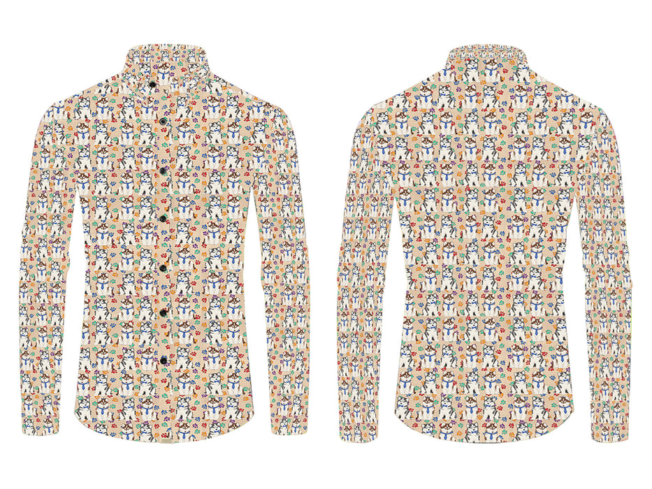 Rainbow Paw Print Siberian Husky Dogs Blue All Over Print Casual Dress Men's Shirt