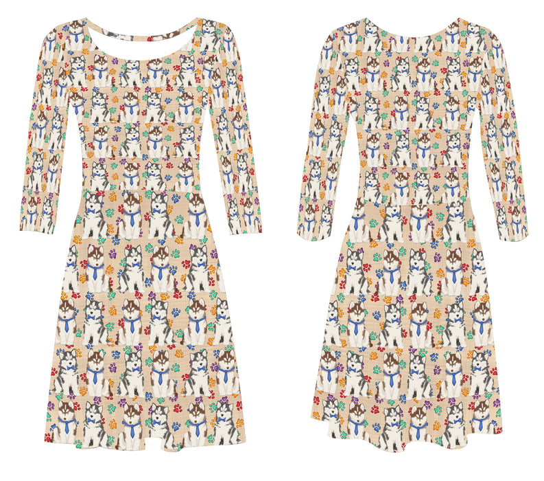 Rainbow Paw Print Siberian Husky Dogs Blue 3/4 Sleeve Sundress