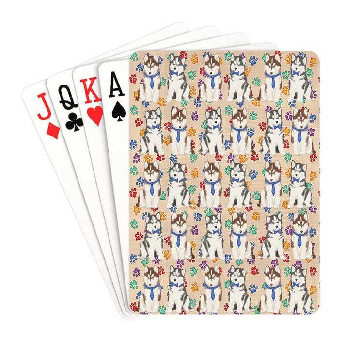 Rainbow Paw Print Siberian Husky Dogs Blue Playing Card Decks