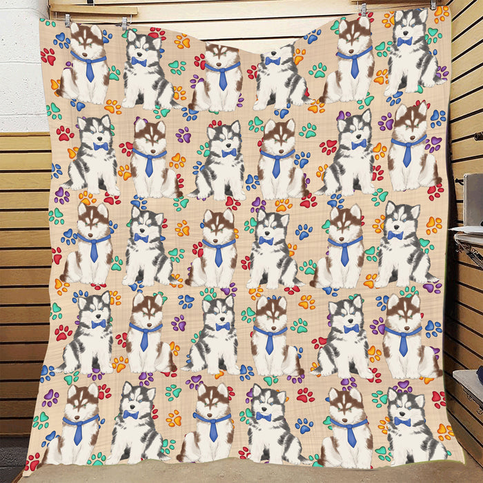 Rainbow Paw Print Siberian Husky Dogs Blue Quilt