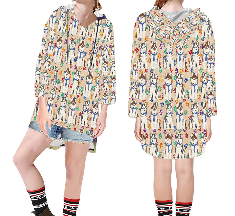 Rainbow Paw Print Siberian Husky Dogs Blue Step Hem Women's Hoodie