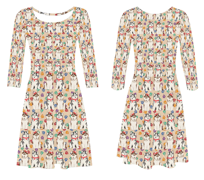 Rainbow Paw Print Siberian Husky Dogs Red 3/4 Sleeve Sundress