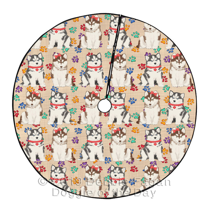 Rainbow Paw Print Siberian Husky Dogs Red Christmas Tree Skirt