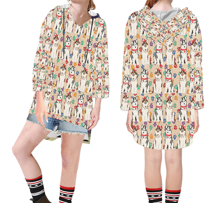 Rainbow Paw Print Siberian Husky Dogs Red Step Hem Women's Hoodie