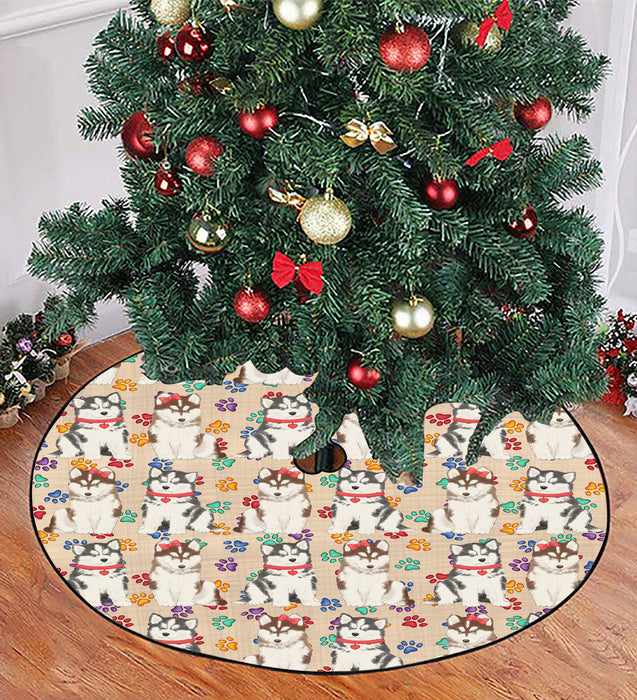 Rainbow Paw Print Siberian Husky Dogs Red Christmas Tree Skirt
