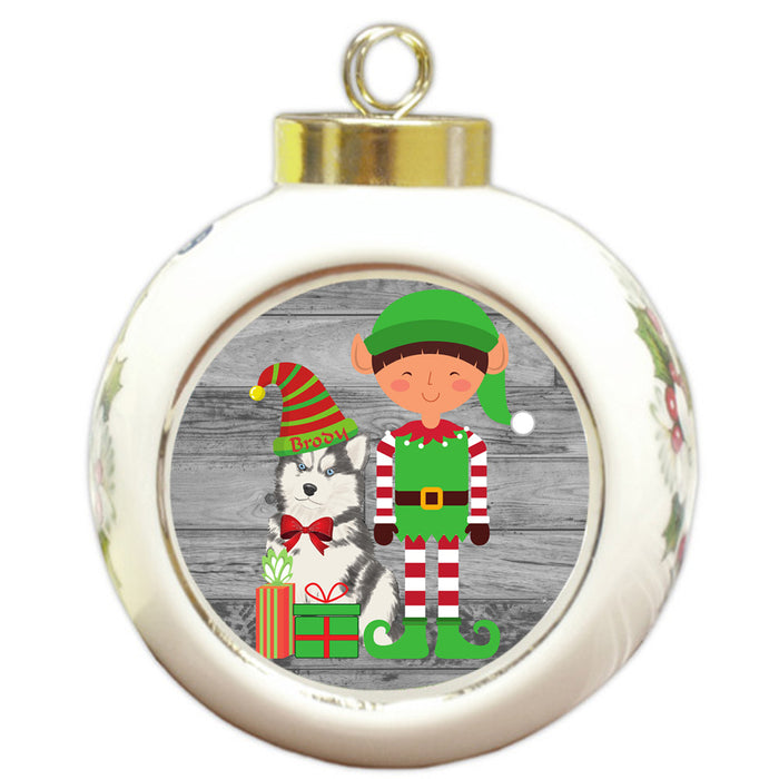 Custom Personalized Siberian Huskie Dog Elfie and Presents Christmas Round Ball Ornament