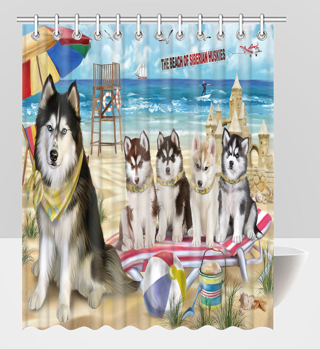 Pet Friendly Beach Siberian Husky Dogs Shower Curtain