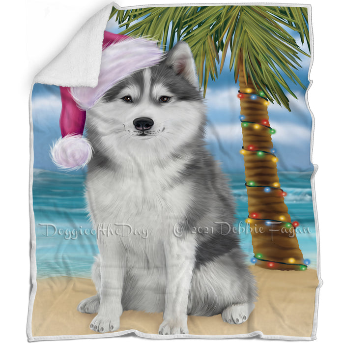 Summertime Happy Holidays Christmas Husky Dog on Tropical Island Beach Blanket D175