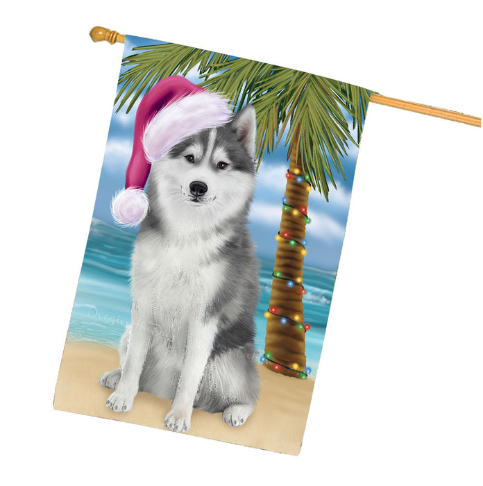 Christmas Summertime Beach Siberian Husky Dog House Flag Outdoor Decorative Double Sided Pet Portrait Weather Resistant Premium Quality Animal Printed Home Decorative Flags 100% Polyester FLG68804