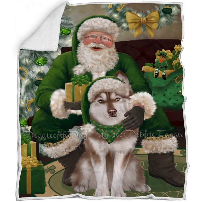 Christmas Irish Santa with Gift and Siberian Husky Dog Blanket BLNKT141383