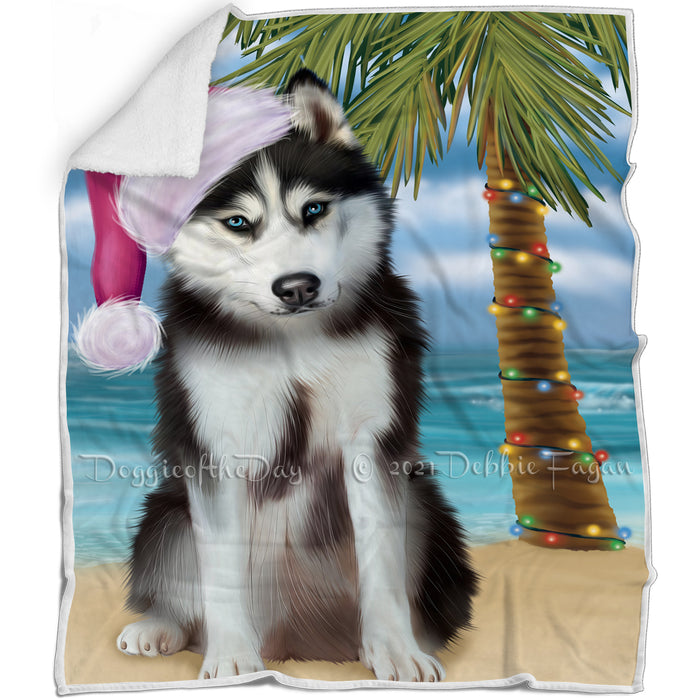 Summertime Happy Holidays Christmas Husky Dog on Tropical Island Beach Blanket D176