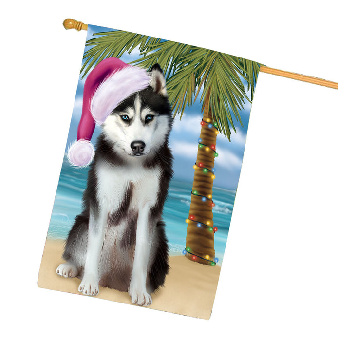 Christmas Summertime Beach Siberian Husky Dog House Flag Outdoor Decorative Double Sided Pet Portrait Weather Resistant Premium Quality Animal Printed Home Decorative Flags 100% Polyester FLG68805
