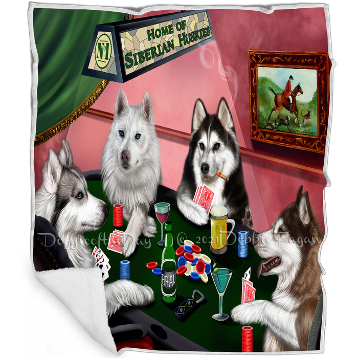 Home of Siberian Husky 4 Dogs Playing Poker Blanket