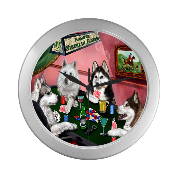 Home of Siberian Husky Dogs Playing Poker Silver Wall Clocks