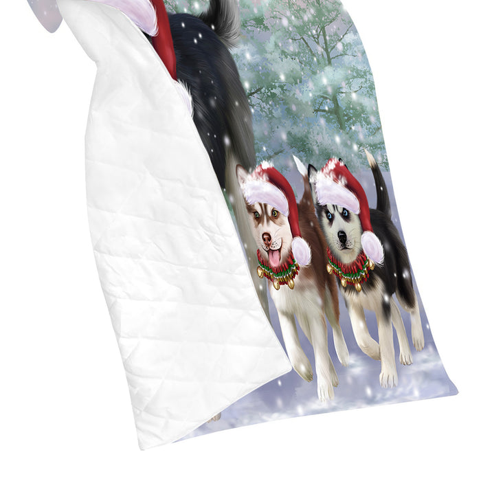 Christmas Running Fammily Siberian Husky Dogs Quilt