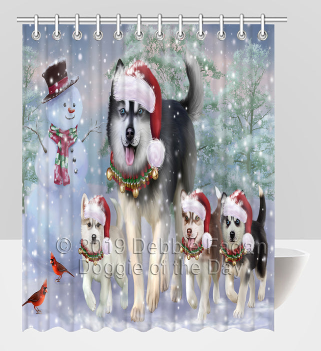 Christmas Running Fammily Siberian Husky Dogs Shower Curtain