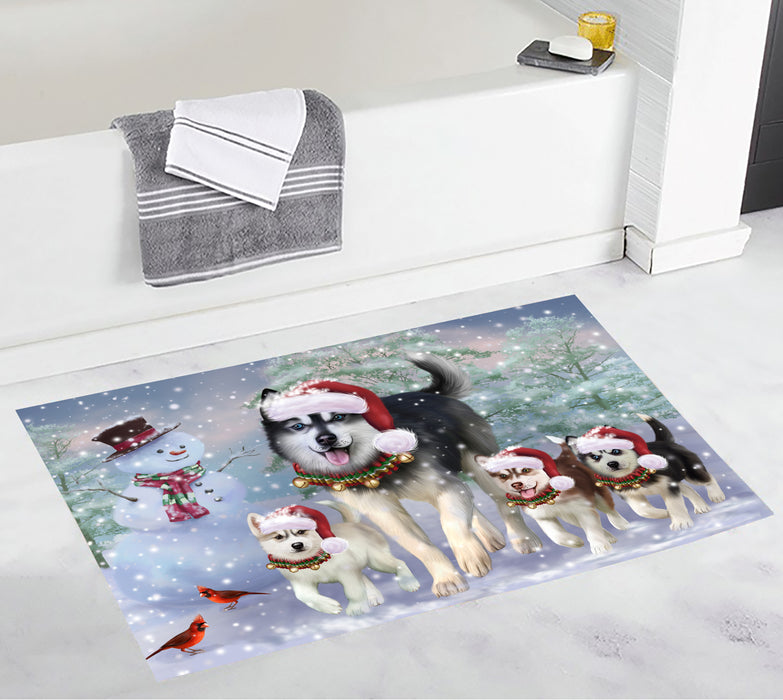 Christmas Running Fammily Siberian Husky Dogs Bath Mat