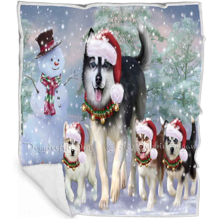 Christmas Running Family Dogs Siberian Huskies Dog Blanket BLNKT105384