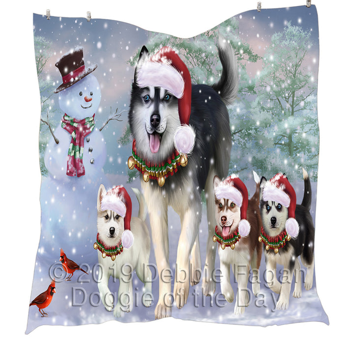 Christmas Running Fammily Siberian Husky Dogs Quilt