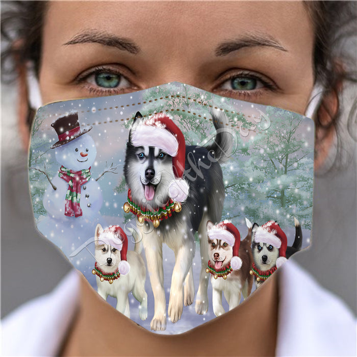Christmas Running Fammily Siberian Husky Dogs Face Mask FM48745
