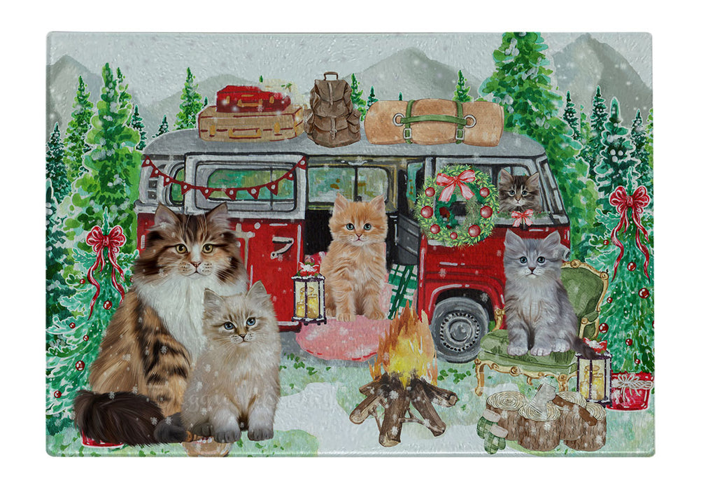 Christmas Time Camping with Siberian Cats Cutting Board - For Kitchen - Scratch & Stain Resistant - Designed To Stay In Place - Easy To Clean By Hand - Perfect for Chopping Meats, Vegetables