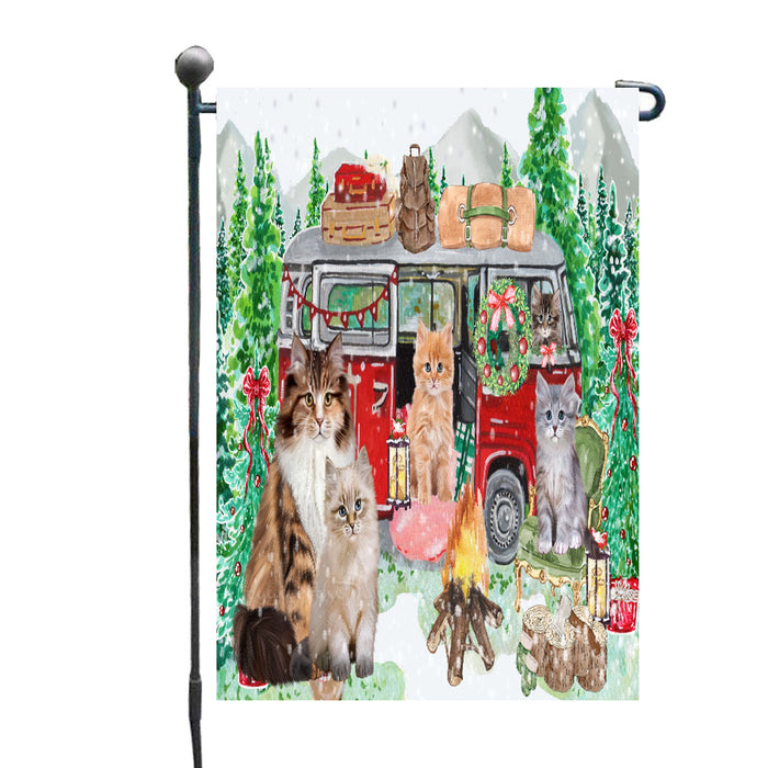 Christmas Time Camping with Siberian Cats Garden Flags- Outdoor Double Sided Garden Yard Porch Lawn Spring Decorative Vertical Home Flags 12 1/2"w x 18"h